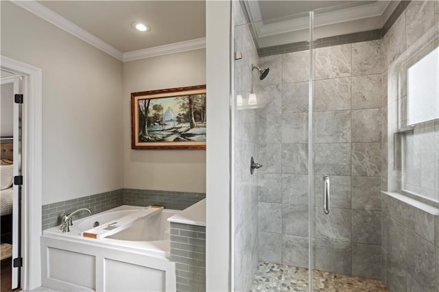 full bath with a shower stall, crown molding, a bath, and recessed lighting