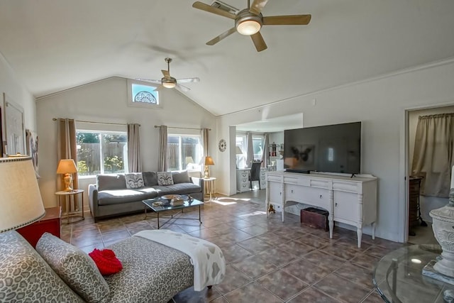 living area with lofted ceiling, tile patterned flooring, and ceiling fan