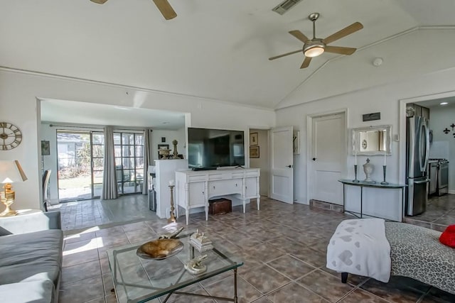 living room featuring high vaulted ceiling, a ceiling fan, visible vents, and tile patterned floors