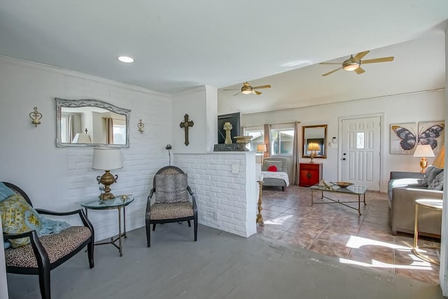 living area featuring a ceiling fan