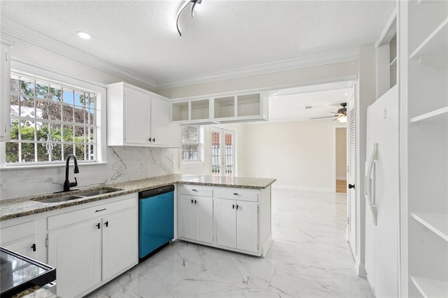 kitchen featuring tasteful backsplash, dishwashing machine, a peninsula, marble finish floor, and a sink