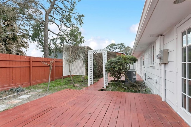 wooden terrace with central air condition unit and a fenced backyard