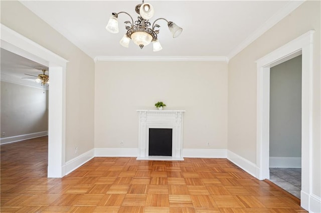 unfurnished living room with a fireplace, baseboards, and ornamental molding