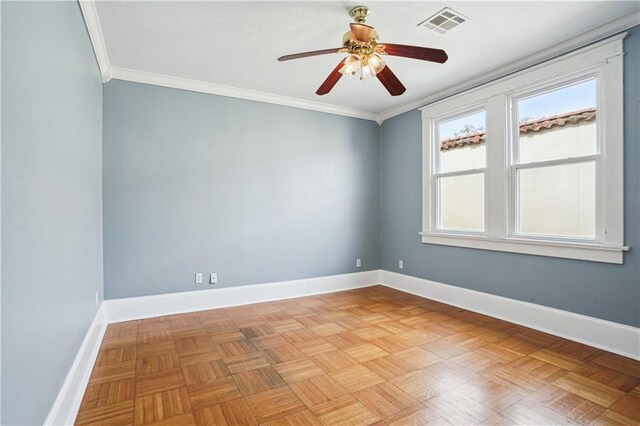 unfurnished room featuring ornamental molding, visible vents, and baseboards