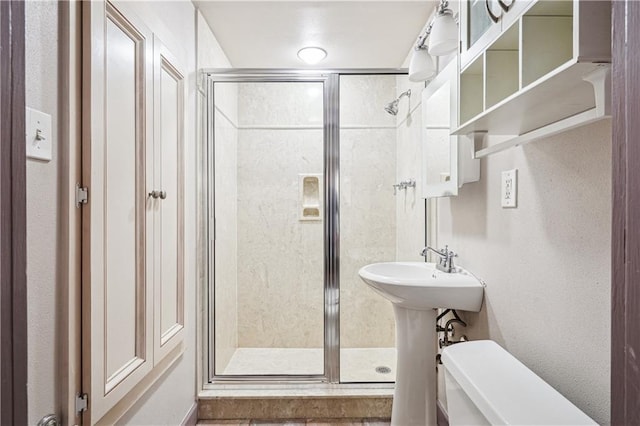 bathroom with toilet, a stall shower, and a sink