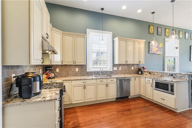 kitchen featuring under cabinet range hood, a peninsula, a sink, appliances with stainless steel finishes, and light wood-type flooring