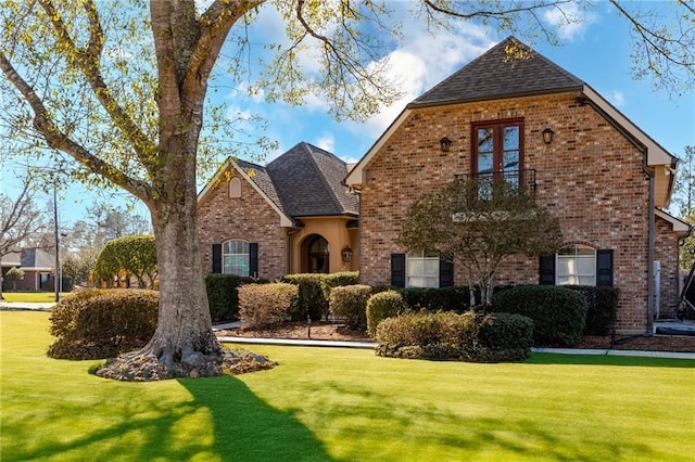 view of front of house with brick siding, a shingled roof, and a front yard