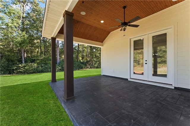 view of patio / terrace featuring a ceiling fan and french doors