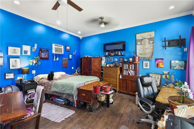 bedroom with crown molding, recessed lighting, wood-type flooring, an AC wall unit, and ceiling fan