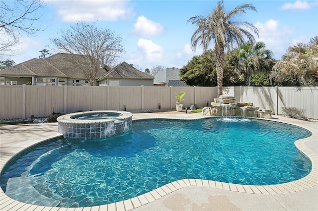 view of swimming pool featuring a patio, a fenced backyard, and a pool with connected hot tub