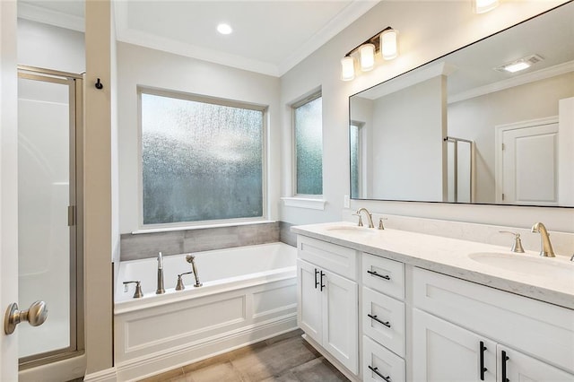 full bathroom featuring visible vents, a stall shower, crown molding, and a sink