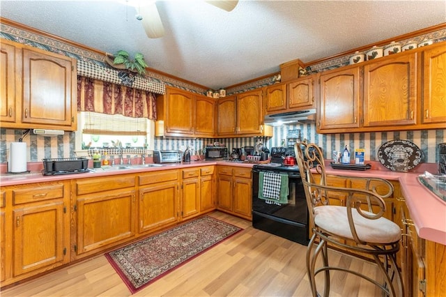 kitchen featuring under cabinet range hood, brown cabinets, a sink, and electric range