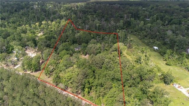 birds eye view of property featuring a forest view