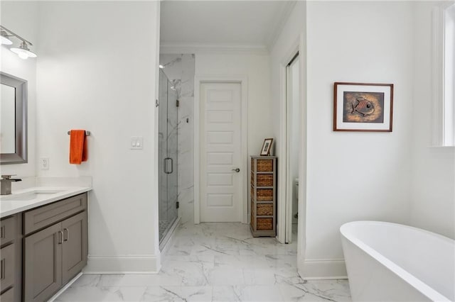 bathroom featuring vanity, baseboards, marble finish floor, a marble finish shower, and crown molding