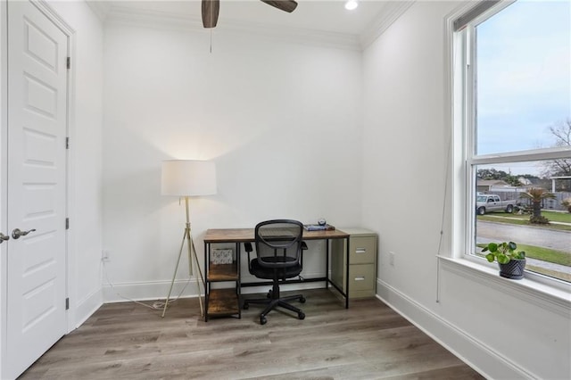 office area with baseboards, recessed lighting, wood finished floors, and crown molding