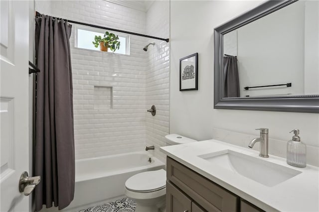 bathroom with toilet, shower / bath combo with shower curtain, and vanity