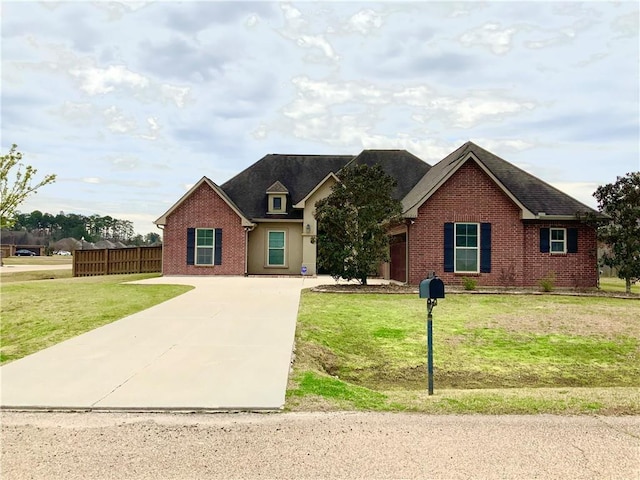 view of front of home featuring concrete driveway, brick siding, fence, and a front lawn