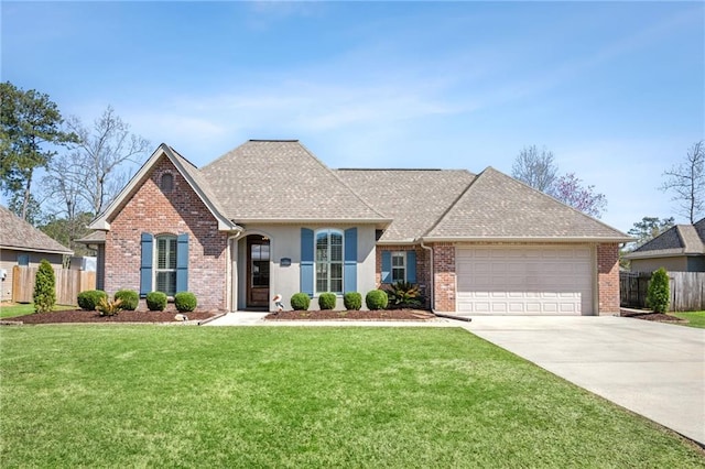 view of front of house featuring brick siding, fence, a front yard, a garage, and driveway