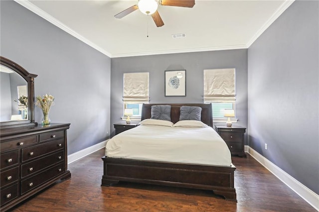 bedroom with ornamental molding, visible vents, and baseboards