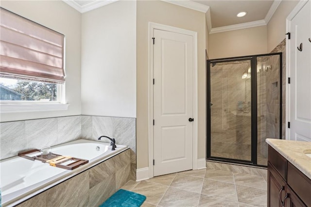 full bathroom with crown molding, vanity, a shower stall, a bath, and recessed lighting