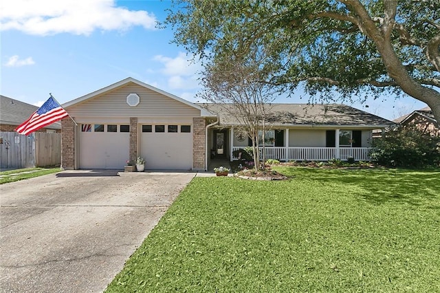 single story home with brick siding, covered porch, concrete driveway, an attached garage, and a front lawn