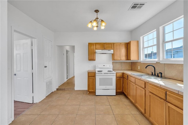 kitchen featuring under cabinet range hood, a sink, visible vents, tile counters, and white electric range oven