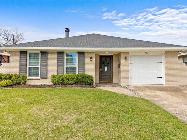 ranch-style home with a shingled roof, concrete driveway, an attached garage, a front yard, and brick siding