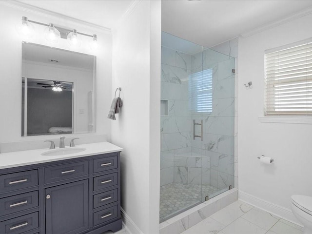 full bathroom featuring ornamental molding, marble finish floor, a shower stall, and baseboards