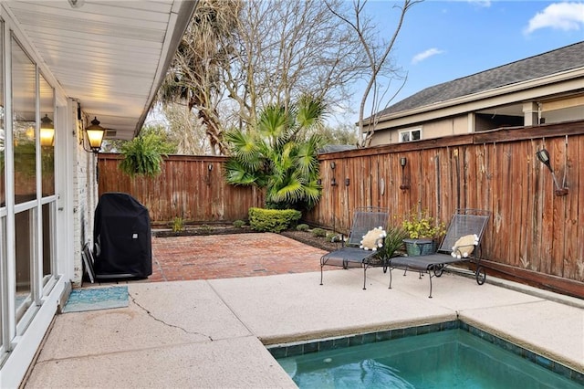 view of patio featuring a fenced backyard and area for grilling