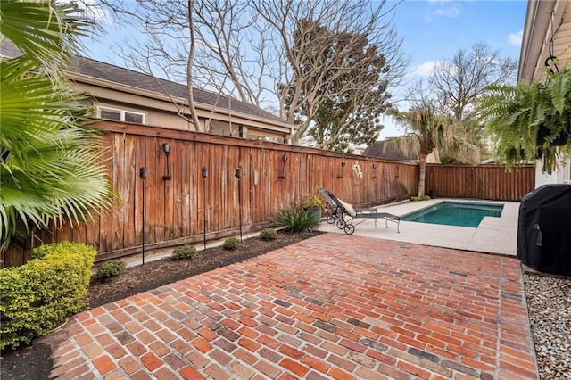 view of pool with a patio area, a fenced backyard, grilling area, and a fenced in pool