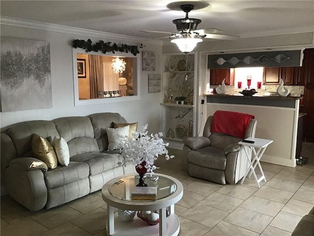 living area featuring light tile patterned floors, ceiling fan, and crown molding