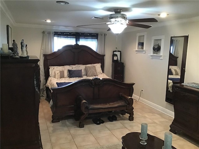 bedroom featuring a ceiling fan, light tile patterned flooring, crown molding, and baseboards