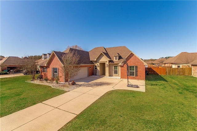 view of front of property featuring a garage, a front yard, brick siding, and fence