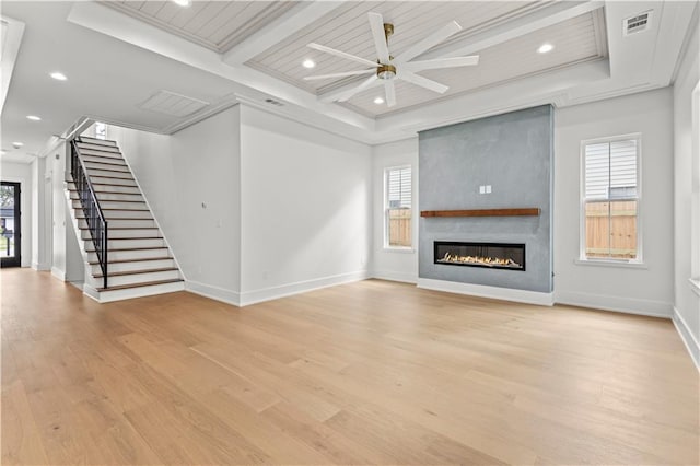 unfurnished living room featuring light wood-type flooring, plenty of natural light, a fireplace, and visible vents