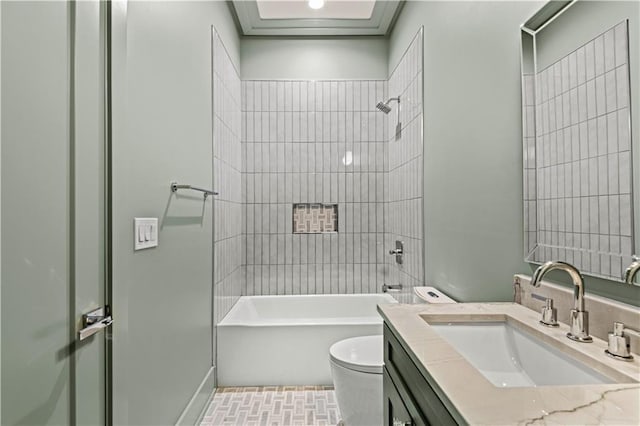 bathroom featuring bathtub / shower combination, vanity, and toilet