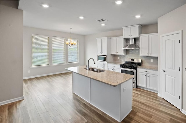 kitchen with stainless steel appliances, visible vents, decorative backsplash, a sink, and wall chimney range hood