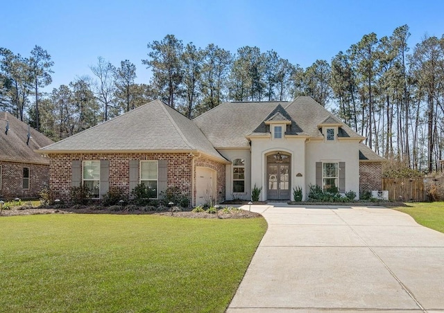 french country inspired facade featuring an attached garage, a front lawn, concrete driveway, and brick siding