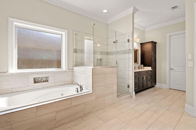 full bath with crown molding, a jetted tub, a shower stall, and vanity