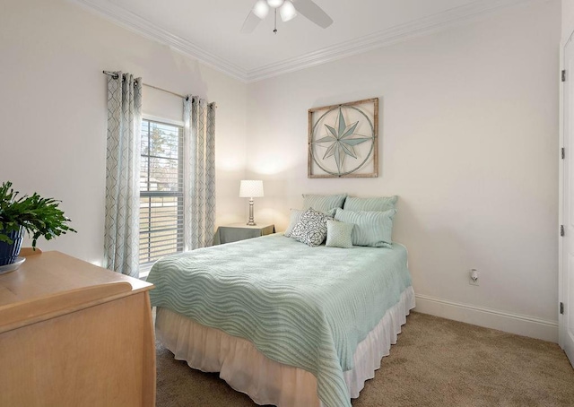 carpeted bedroom with ornamental molding, a ceiling fan, and baseboards