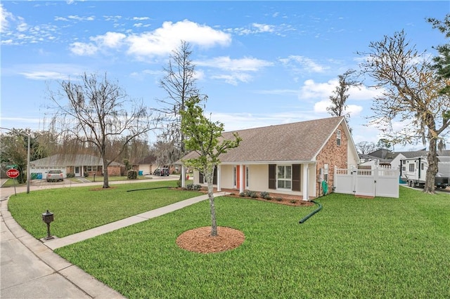 view of front facade featuring a shingled roof, a gate, fence, and a front lawn