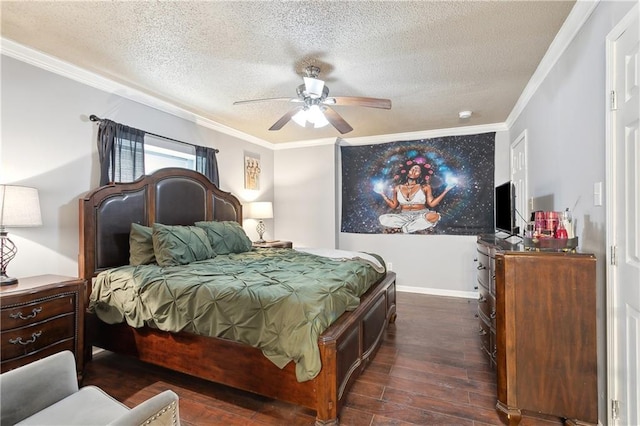 bedroom featuring a ceiling fan, a textured ceiling, ornamental molding, and dark wood-style flooring