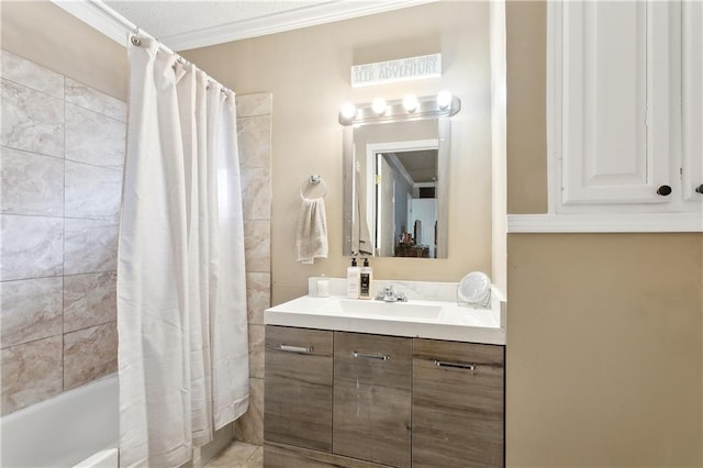 full bath featuring ornamental molding, shower / tub combo with curtain, and vanity