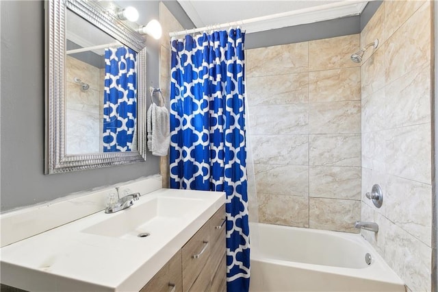 bathroom featuring shower / tub combo with curtain and vanity