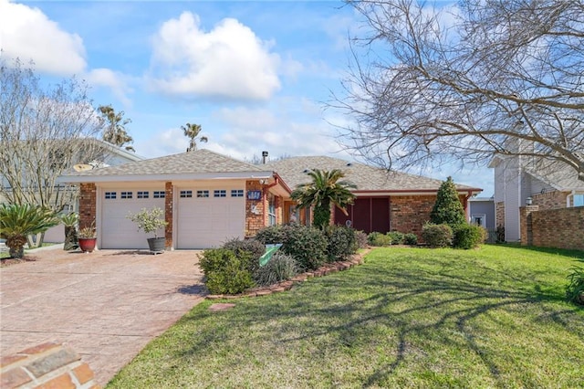 ranch-style home with an attached garage, a front lawn, concrete driveway, and brick siding