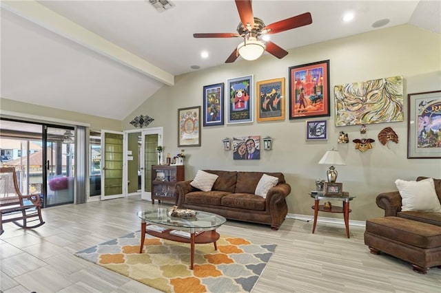 living area featuring lofted ceiling with beams, baseboards, visible vents, and a ceiling fan