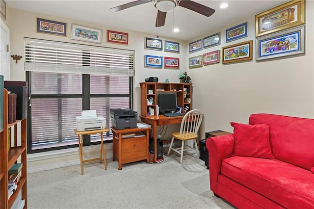 home office with ceiling fan, baseboards, and recessed lighting