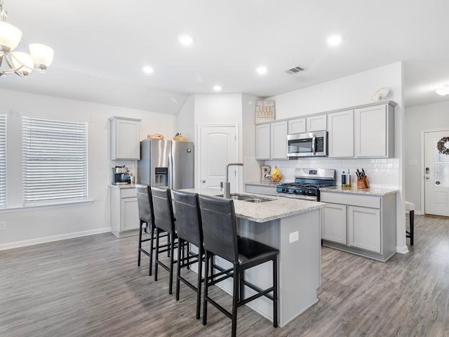 kitchen featuring stainless steel appliances, a sink, a kitchen breakfast bar, backsplash, and a center island with sink