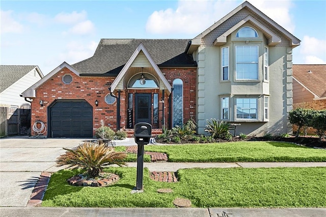 traditional-style house featuring a garage, brick siding, driveway, roof with shingles, and a front lawn