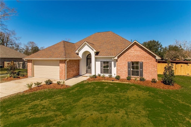 single story home with a garage, brick siding, concrete driveway, and a front yard