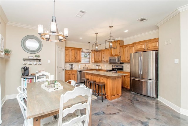 kitchen featuring a kitchen island, visible vents, appliances with stainless steel finishes, tasteful backsplash, and finished concrete floors